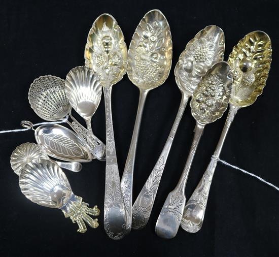 Five silver berry spoons, mostly later-embossed, and five caddy spoons, various designs, Georgian and later
